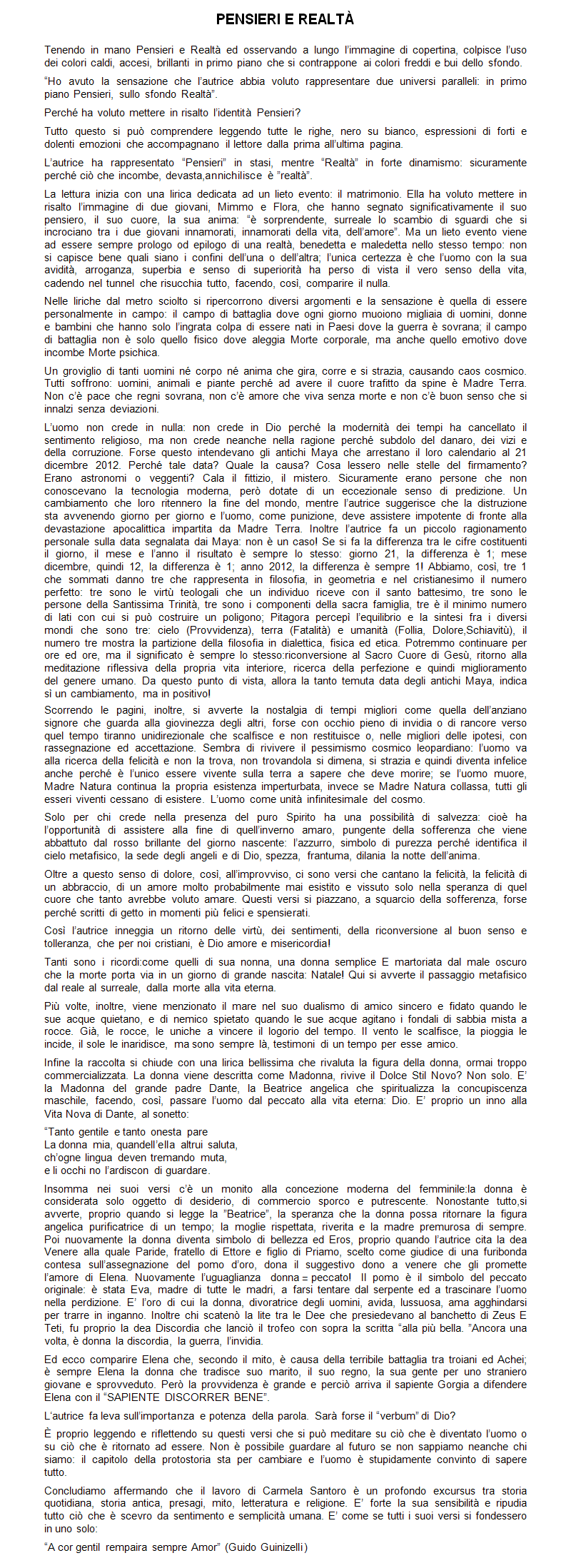 Corigliano In Vetrina - Libro "Pensieri e realtà" di Carmela Santoro - Editrice Albatros