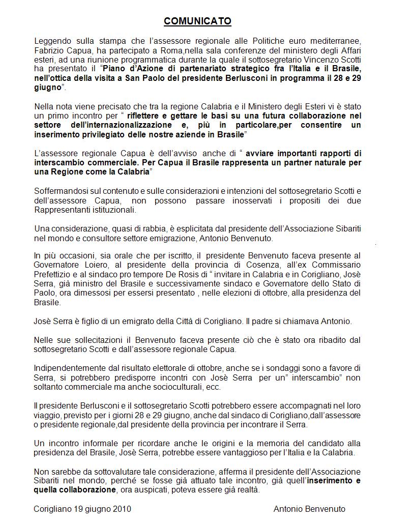 Comunicato giugno 2010 - Sibariti nel Mondo