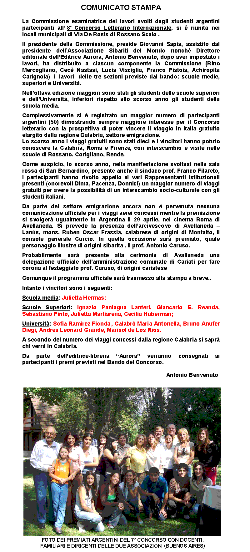 8 Concorso Letterario Internazionale 2009 - Sibariti nel Mondo